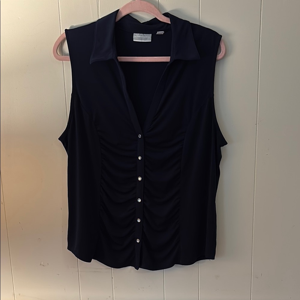 New York & Company  XL Sleeveless Navy Ruched Button Down Blouse